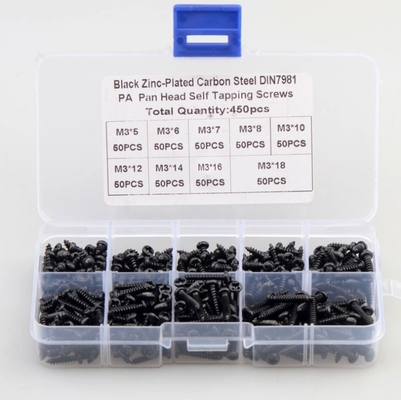 알로이 천연색 450pcs M3 탄소 강철 검은 PA 크로스 판 머리 원 머리 자기 탭 나사 조합 세트