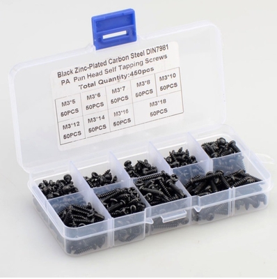 알로이 천연색 450pcs M3 탄소 강철 검은 PA 크로스 판 머리 원 머리 자기 탭 나사 조합 세트