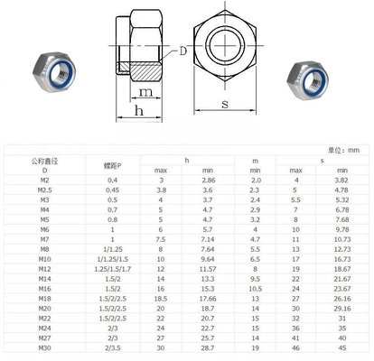 GB 표준 스테인리스 스틸 SS201/304/316 헥사곤 나일론 삽입 자 잠금 견과류 DIN982 광산 장비의 평면 마무리
