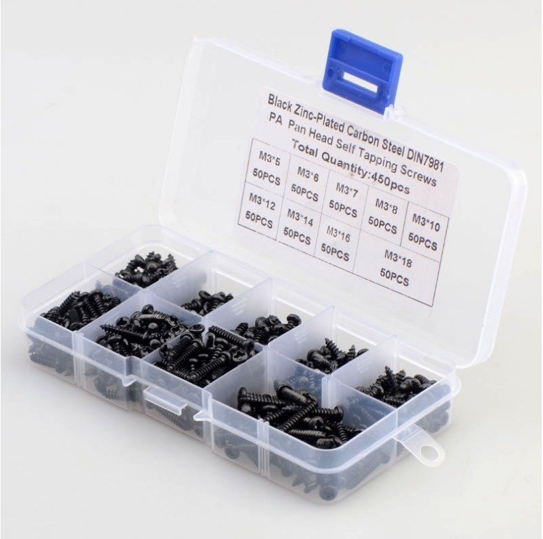 알로이 천연색 450pcs M3 탄소 강철 검은 PA 크로스 판 머리 원 머리 자기 탭 나사 조합 세트